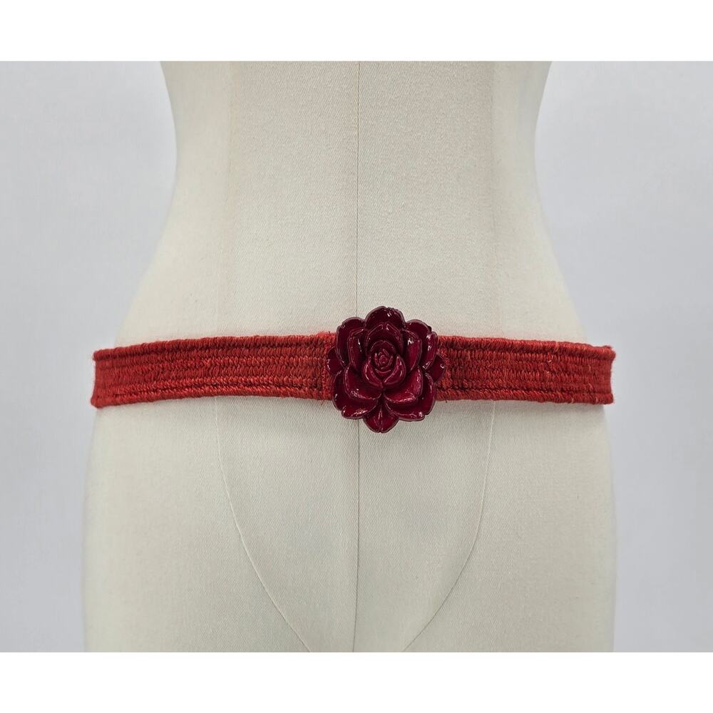 Vintage Woven Belt with Wooden Carved Glossy Rose Buckle  Red – Cottagecore Boho